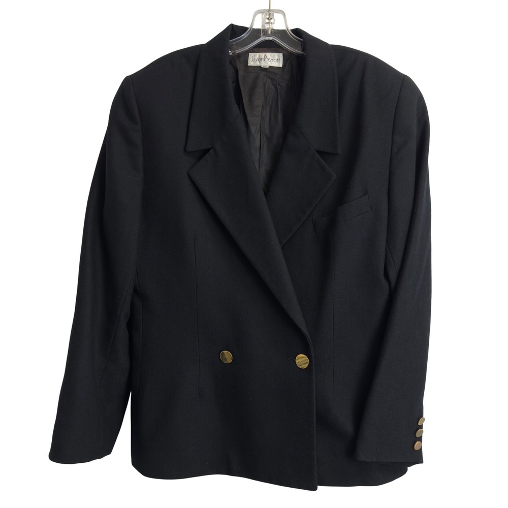 Jason Prescott Vintage Black Wool Double Breasted Blazer Gold Buttons Womens 16